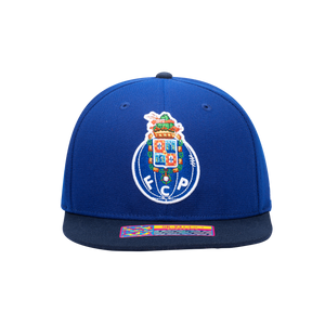 Front view of the FC Porto Team Snapback Hat with high crown and flat peak in Blue/Navy