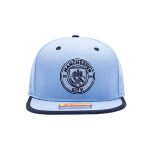 Manchester City Tape Snapback with high crown, flat peak brim, and snapback closure, in Light Blue