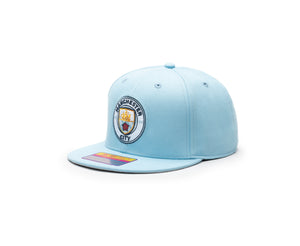 Manchester City Dawn Snapback hat with high crown, flat peak brim, and adjustable snapback closure.